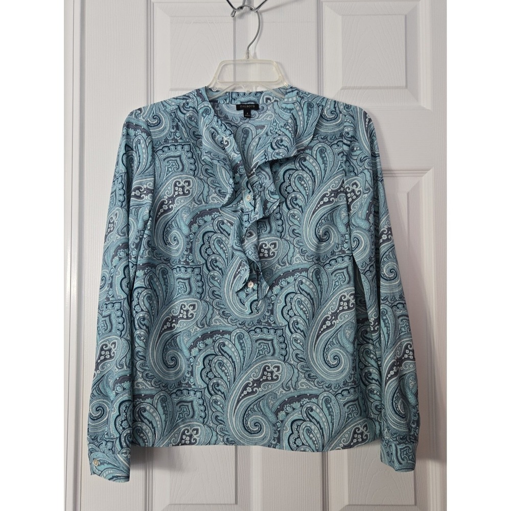 Talbots Womans 3/4 Button Paisley Blouse Long Sleeve Size 4 Turquoise